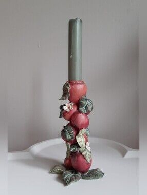 Decorative Red Apple Candle Holder with Green Leaves and Blossom